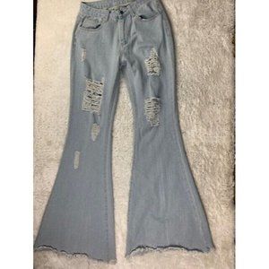Shen Size S Womens Jeans Flare Light Wash Mid Rise Destressed Destroyed